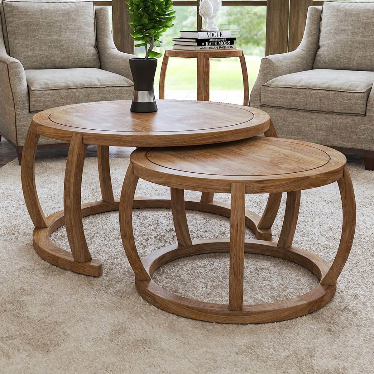 Dubbo Solid Wood 36 Rustic Round Nesting Coffee Table Set Of 2 Image